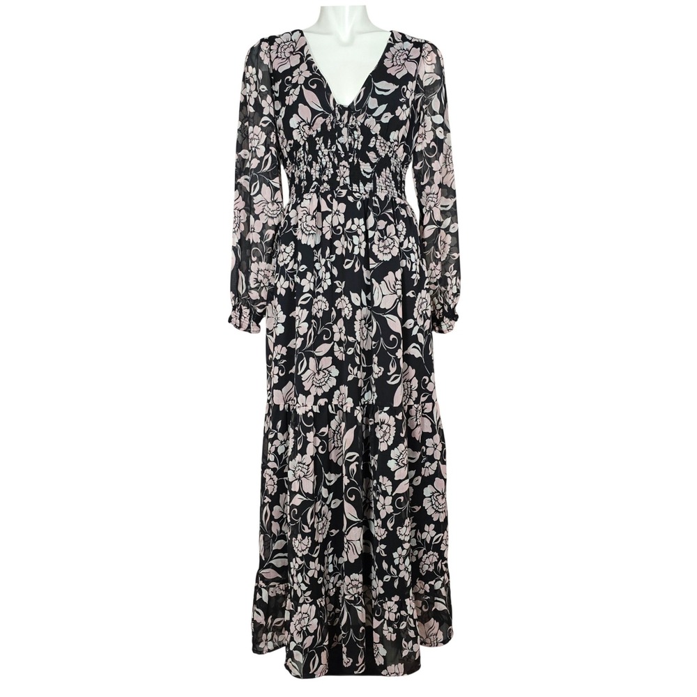 Patrons of Peace Black and Blush Floral Maxi Dress with V-Neck